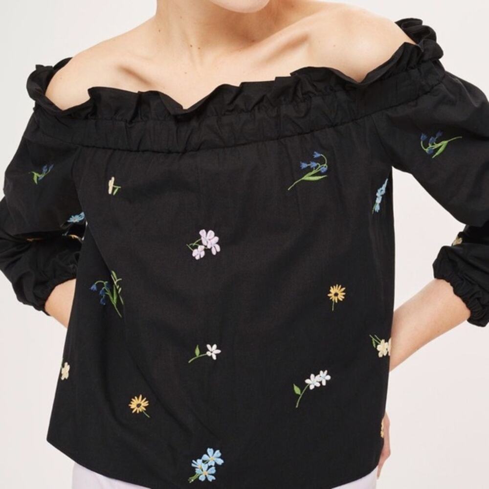 Topshop Black Off The Shoulder Embroidered Floral Top Size 8 - Picture 2 of 10